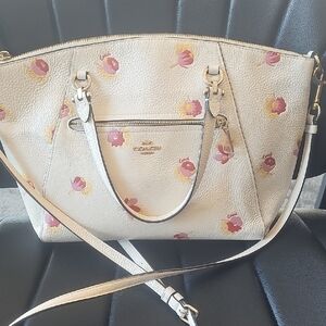 Coach Cream Prairie Satchel Leather Shoulder Bag with Pink Floral Design